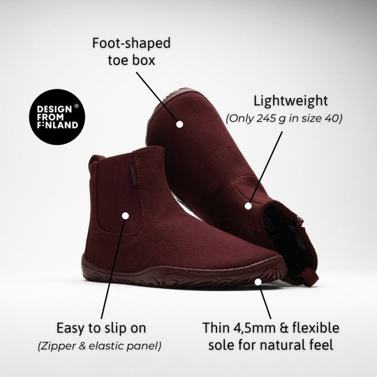 Vaistoa Kajo 2 barefoot Chelsea boots – burgundy pair, features: foot-shaped toe box, only 245 g in size 40, zipper and elastic panel for easy entry, and a thin flexible 4.5 mm sole