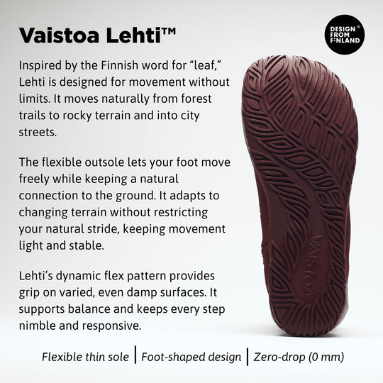 Vaistoa Kajo 2 barefoot chelsea boots – burgundy product infographic showing the Vaistoa Lehti outsole and English feature text against a light background