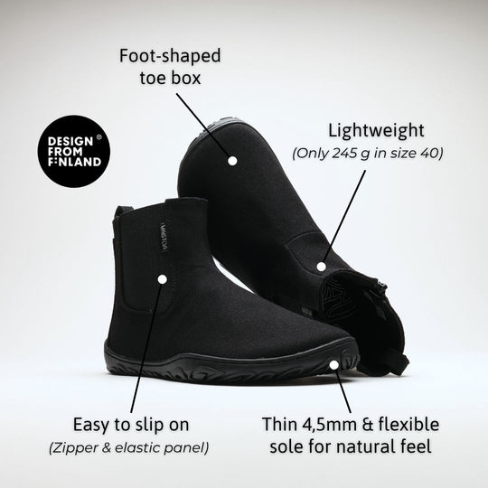 Vaistoa Kajo 2 barefoot Chelsea boots – classic black pair, features: foot-shaped toe box, only 245 g in size 40, zipper and elastic panel for easy entry, and a thin flexible 4.5 mm sole