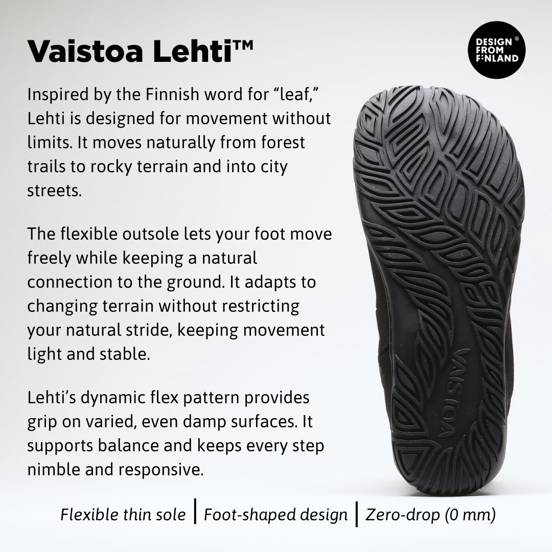 Vaistoa Kajo 2 barefoot chelsea boots – classic black product infographic showing the Vaistoa Lehti outsole and English feature text against a light background