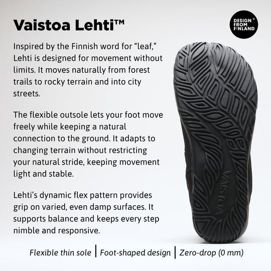 Vaistoa Kajo 2 barefoot chelsea boots – classic black product infographic showing the Vaistoa Lehti outsole and English feature text against a light background