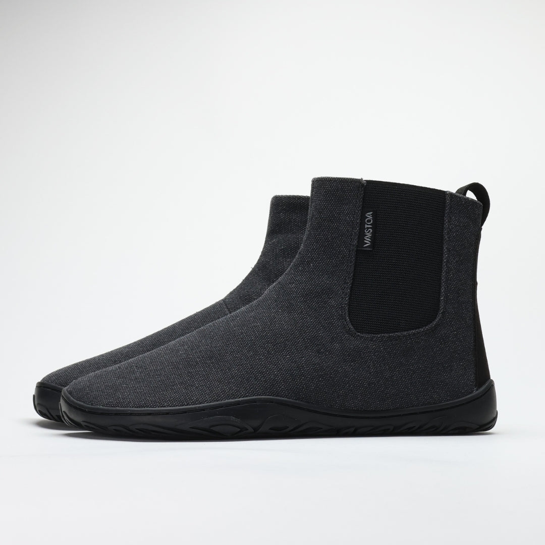 Vaistoa Kajo barefoot Chelsea boots – smoky stonewashed grey, single boot photographed from the side, elastic side panel and heel loop visible, light background