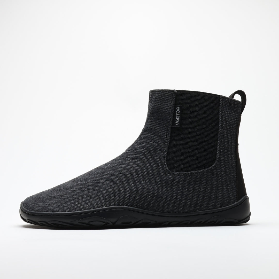 Vaistoa Kajo barefoot Chelsea boots – smoky stonewashed grey, single boot in side profile, elastic side panel and the flat thin sole visible, light background