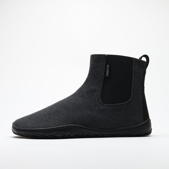 Vaistoa Kajo barefoot Chelsea boots – smoky stonewashed grey, single boot in side profile, elastic side panel and the flat thin sole visible, light background