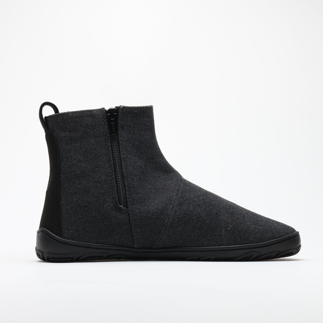 Vaistoa Kajo barefoot Chelsea boots – smoky stonewashed grey, single boot in side profile from the zipper side, full-length side zipper visible, light background