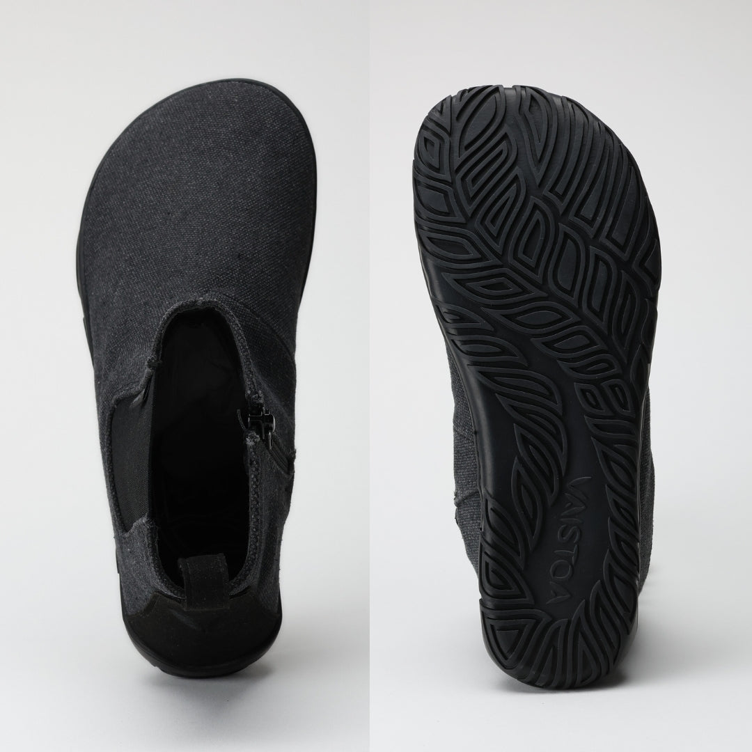 Vaistoa Kajo barefoot Chelsea boots – smoky stonewashed grey, two studio views side by side, the boot from above showing the zipper and the interior, and the full outsole with its leaf tread pattern