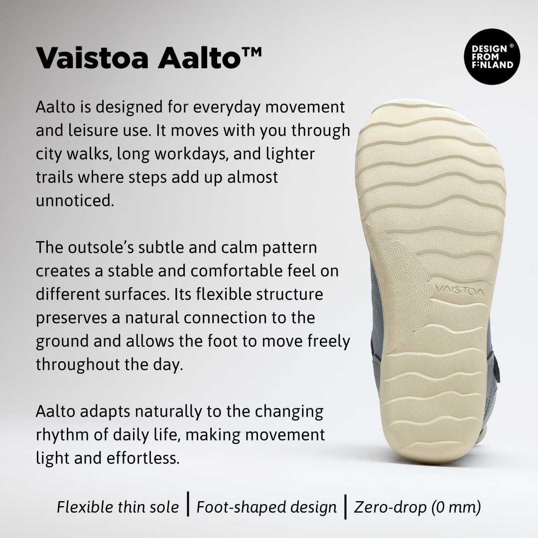 Vaistoa Kaste waterproof barefoot shoes for kids blue grey – infographic of the Vaistoa Aalto™ outsole, showing the outsole and the Design from Finland mark. The text explains that Aalto is designed for everyday movement and leisure through city walks, workdays, and lighter trails, that the outsole's calm pattern creates a stable feel on different surfaces, and that its flexible structure keeps a natural connection to the ground all day. Bottom row: flexible thin sole, foot-shaped design, zero-drop 0 mm