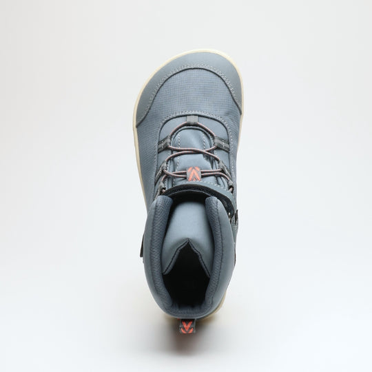 Vaistoa Kaste waterproof barefoot shoes for kids blue grey – one shoe seen from directly above, showing the wide foot-shaped toe box and the open collar