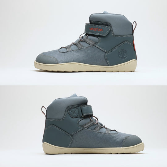 Vaistoa Kaste waterproof barefoot shoes for kids blue grey – a two-part image of the same shoe from the side, the lateral side above and the medial side below, showing the flat zero-drop outsole