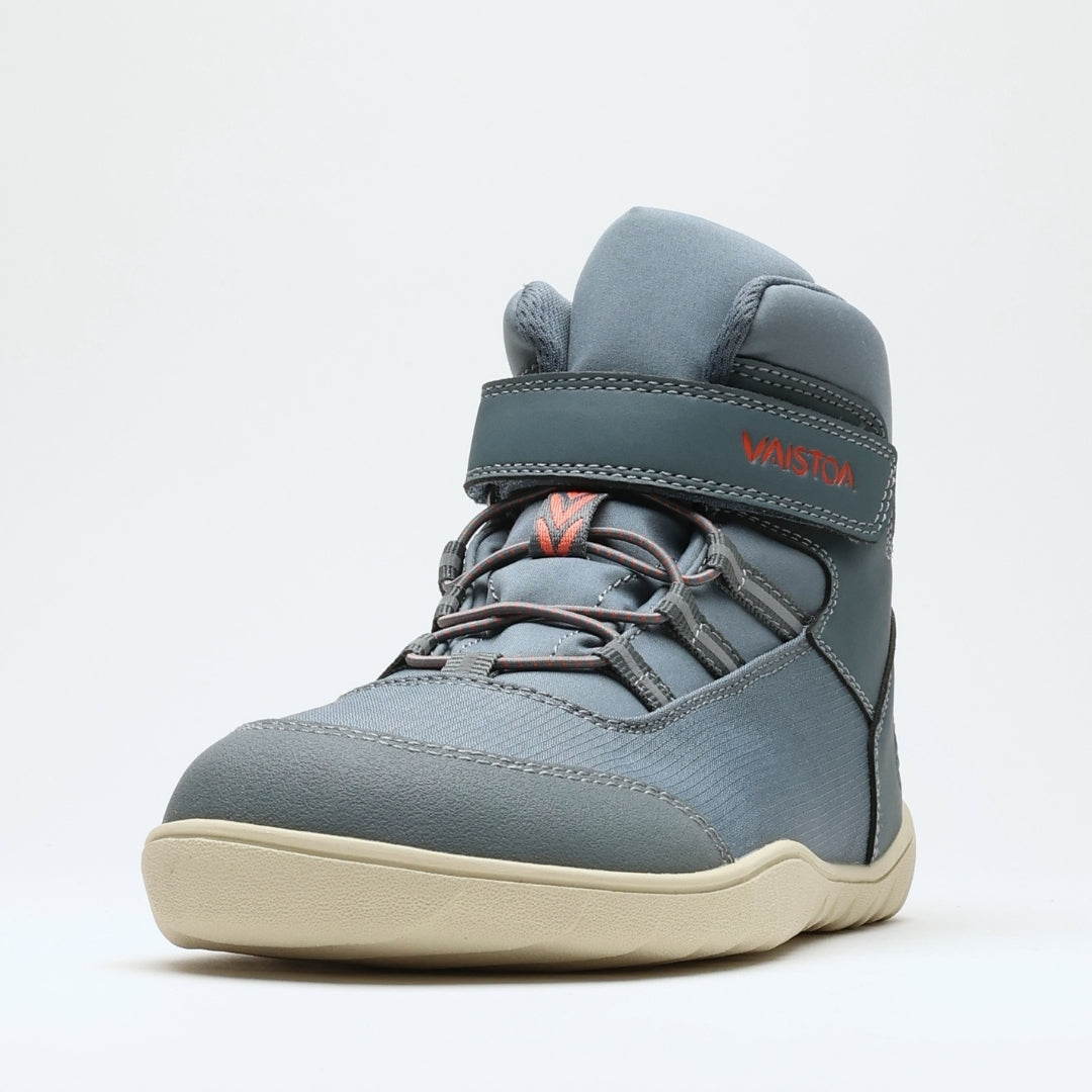 Vaistoa Kaste waterproof barefoot shoes for kids blue grey – a single shoe seen from a front three-quarter angle, slightly from above