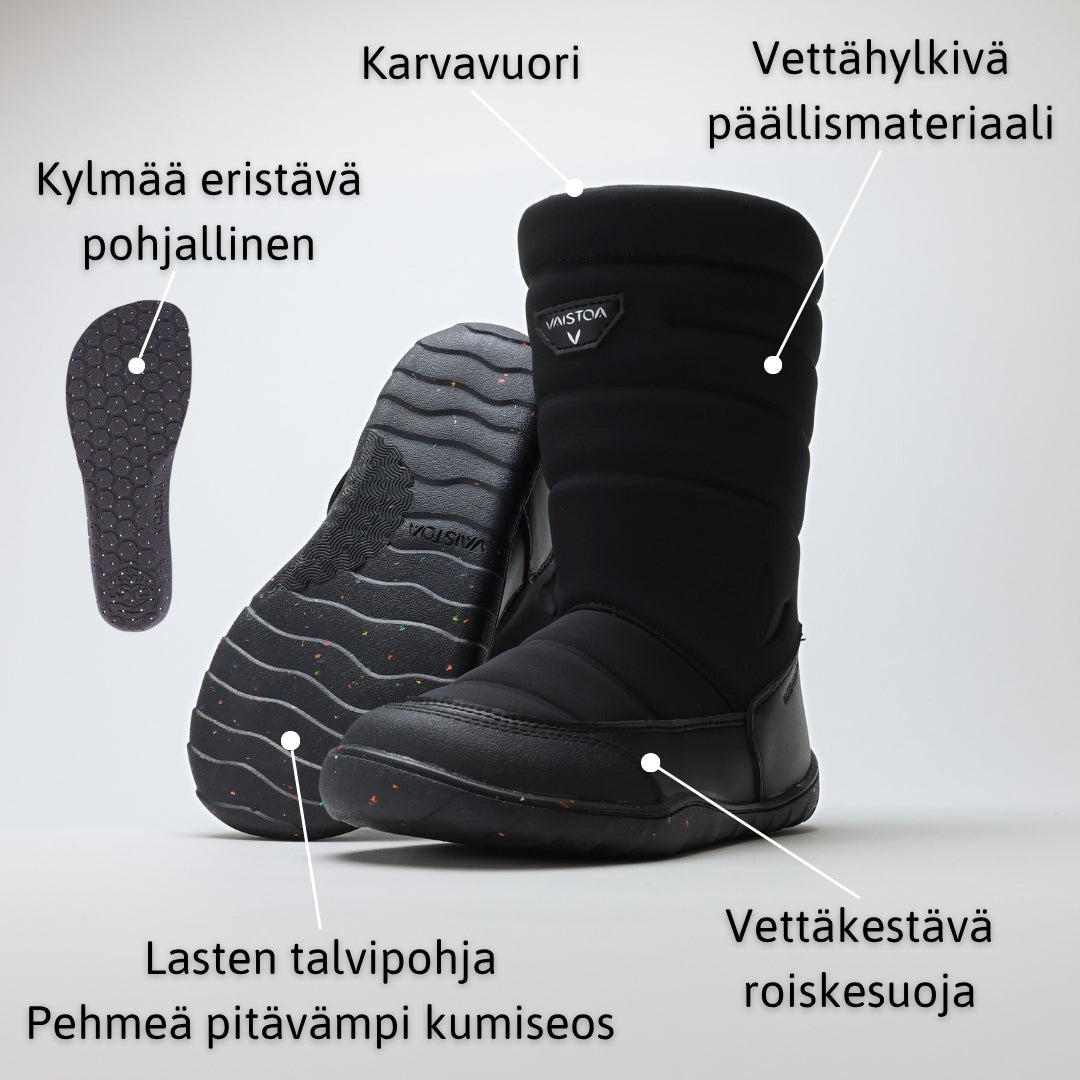 Vaistoa Kinos – lasten korkeavartiset paljasjalkakengät talveen, väri musta. Infografiikka kengän ominaisuuksista.