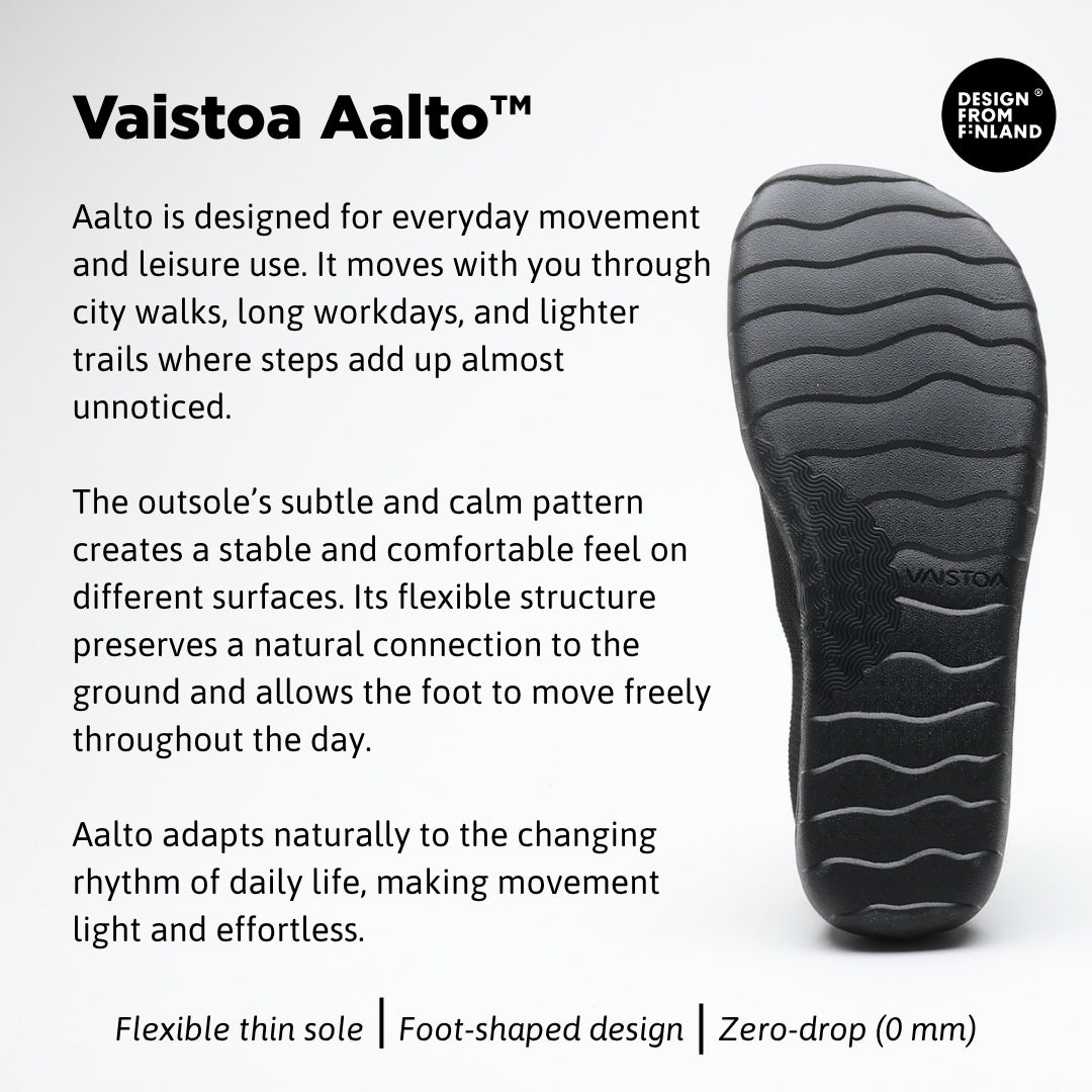 Vaistoa Lempeä 3 slip-on barefoot shoes black outsole infographic with product description text and Design from Finland label