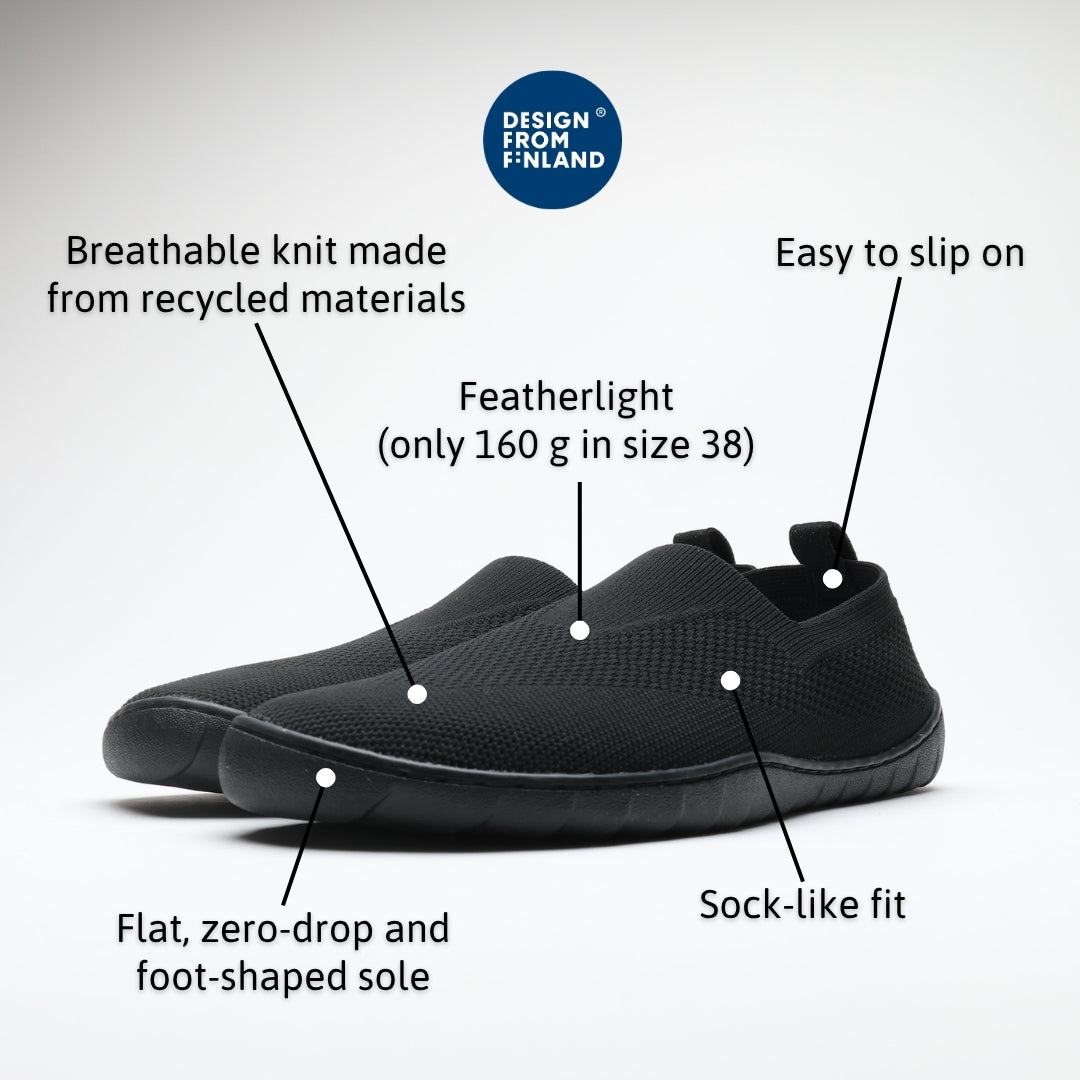 Vaistoa Lempeä 3 slip-on barefoot shoes in black with feature highlights and Design from Finland label shown above