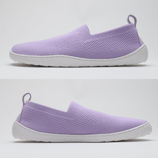 Vaistoa Lempeä 3 slip-on barefoot shoes – lavender shoes shown from side profile, highlighting the flat sole and zero-drop design