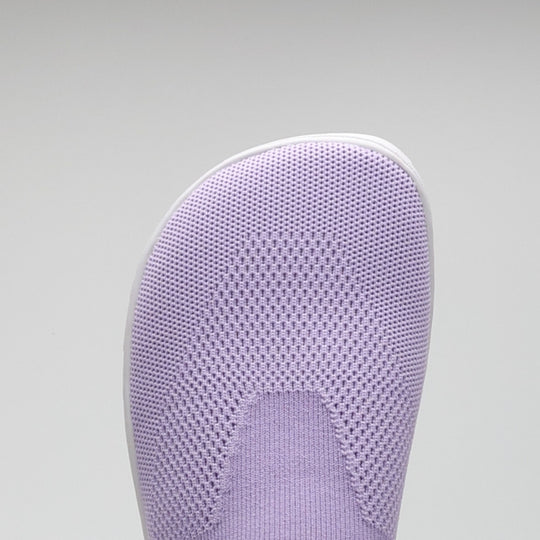 Vaistoa Lempeä 3 slip-on barefoot shoes – close-up of the lavender knit upper showing a wide, foot-shaped toe box