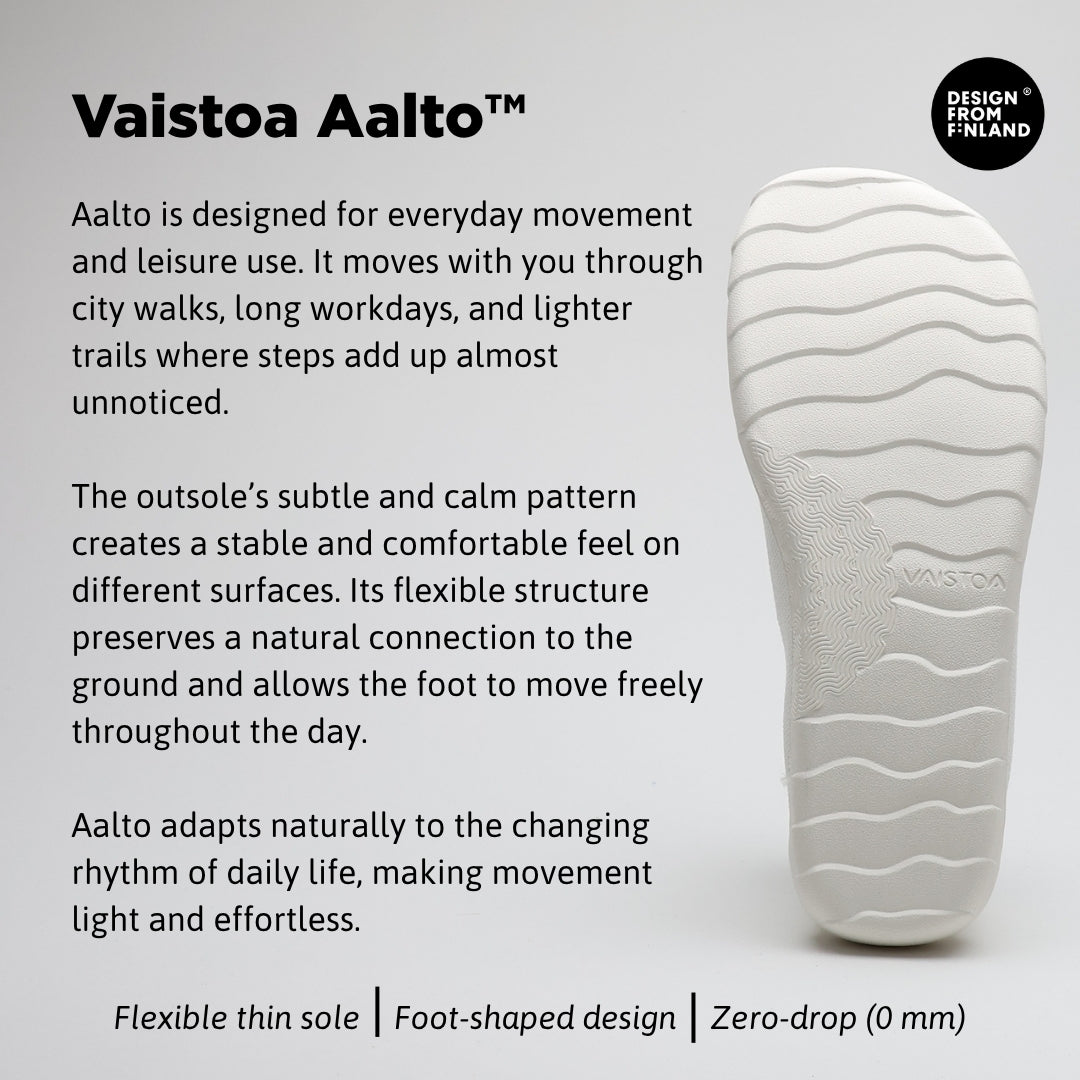 Infographic of white Vaistoa Lempeä 3 slip-on barefoot shoes Aalto outsole with Design from Finland label showing flexible thin sole, foot-shaped design and zero-drop structure