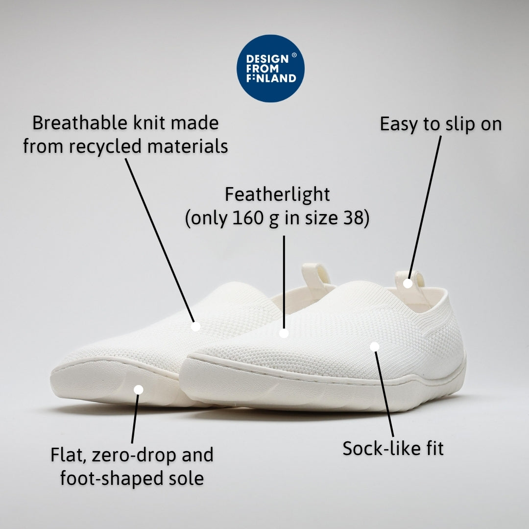 Infographic of white Vaistoa Lempeä 3 slip-on barefoot shoes with Design from Finland label showing breathable knit upper, lightweight design, easy slip-on fit, sock-like feel and flat zero-drop sole