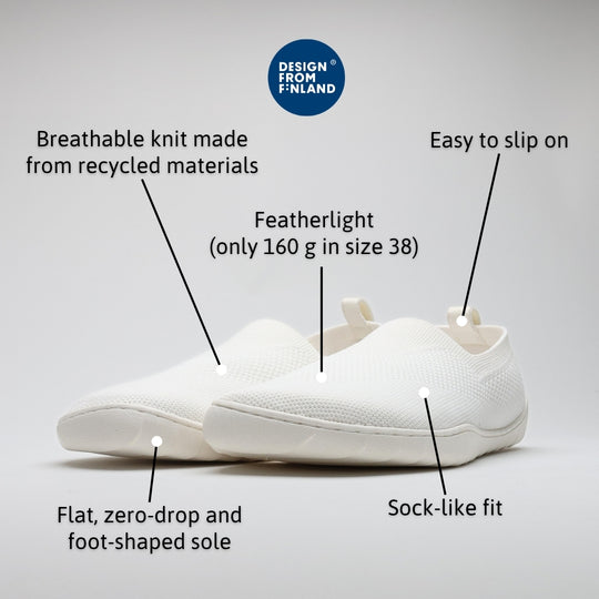 Infographic of white Vaistoa Lempeä 3 slip-on barefoot shoes with Design from Finland label showing breathable knit upper, lightweight design, easy slip-on fit, sock-like feel and flat zero-drop sole