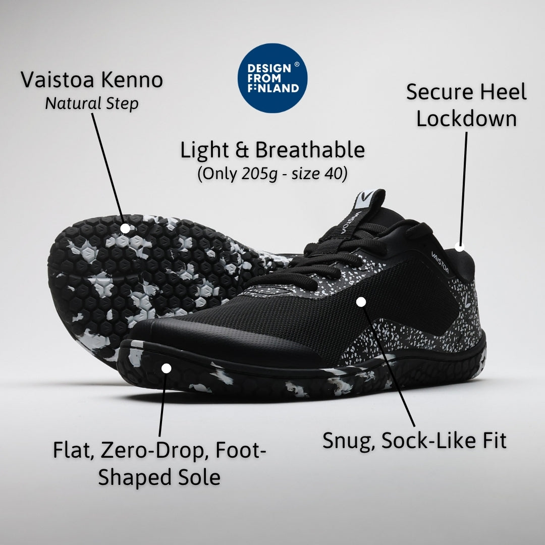 Vaistoa Lento barefoot running shoes – product infographic showing the outsole and English feature text on a light background