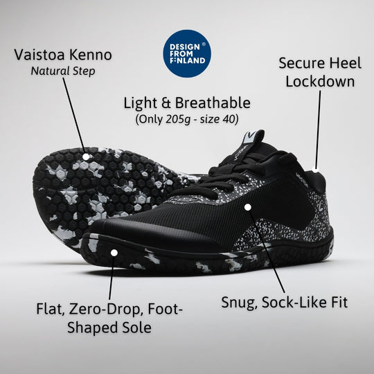 Vaistoa Lento barefoot running shoes – product infographic showing the outsole and English feature text on a light background