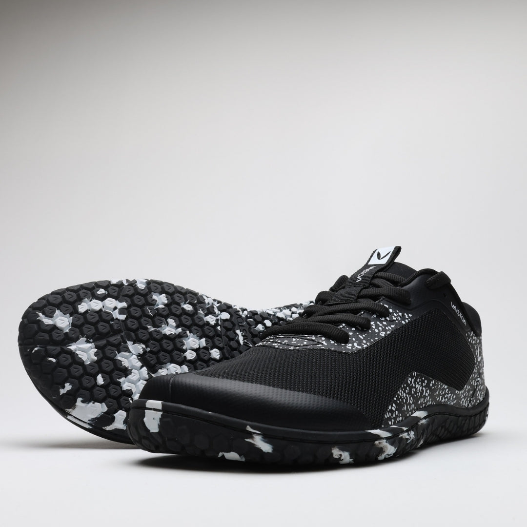 Vaistoa Lento barefoot running shoes – one shoe with the outsole facing forward, showing the tread pattern