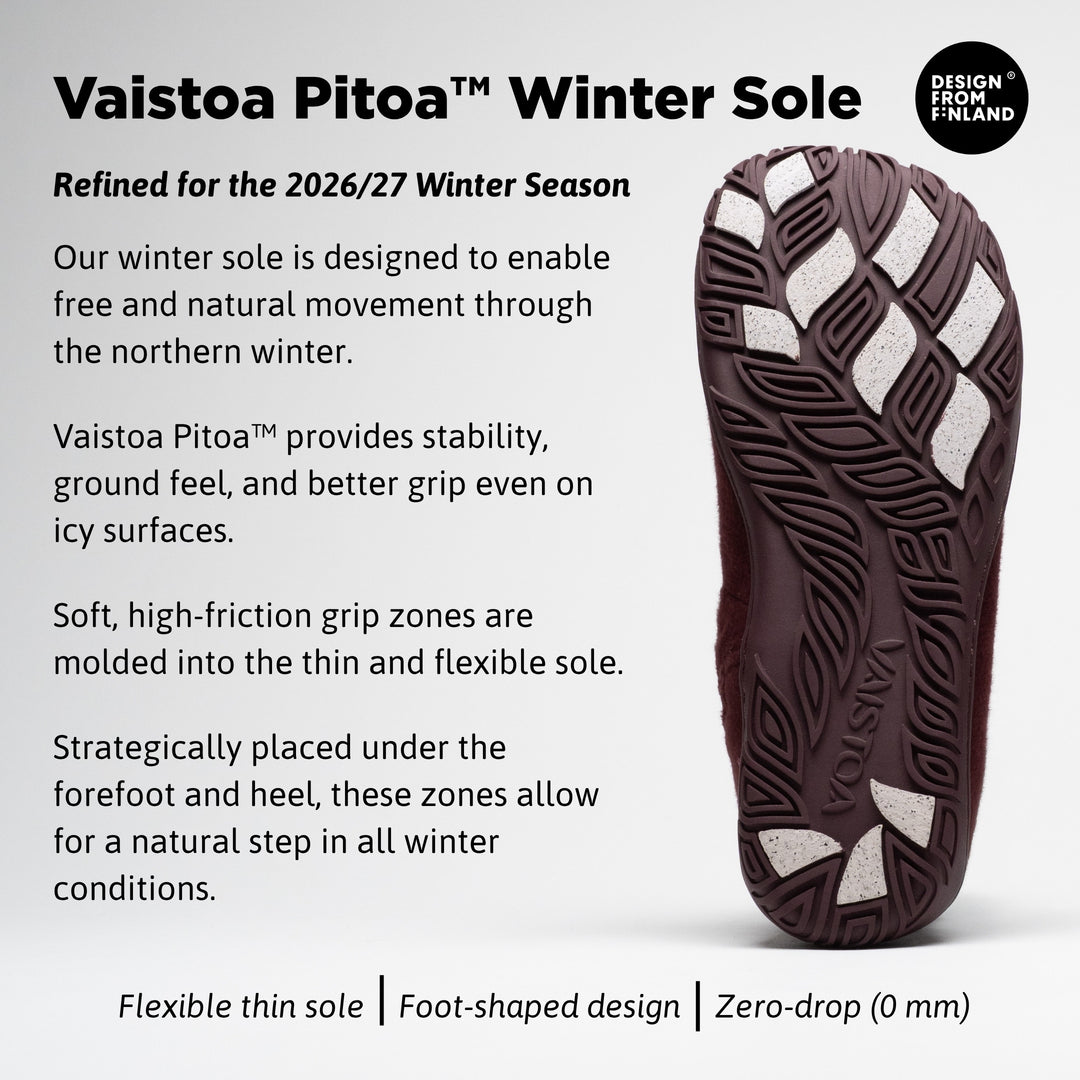 Vaistoa Sulo 2 barfota chelsea-boots för vinter – infografik över vintersulan Vaistoa Pitoa™ som visar yttersulan med ljusa greppdetaljer och märket Design from Finland. Rubrik: Vaistoa Pitoa™ vintersula, förfinad för vintersäsongen 2026/27. Texten förklarar att mjuka zoner med hög friktion, gjutna i den tunna och flexibla sulan under framfoten och hälen, ger stabilitet, markkänsla och bättre grepp även på isigt underlag. Längst ner: Flexibel tunn sula | Fotformad design | Zero-drop (0 mm)