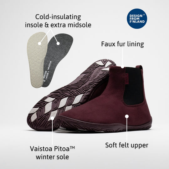 Vaistoa Sulo 2 barfota chelsea-boots för vinter – infografik över kängans egenskaper, som visar kängan från sidan med yttersulan vänd mot kameran, två löstagbara innersulor ovanför och märket Design from Finland. Etiketter: Kallisolerande innersula & extra mellansula · Fuskpälsfoder · Vaistoa Pitoa™ vintersula · Mjukt filtskaft