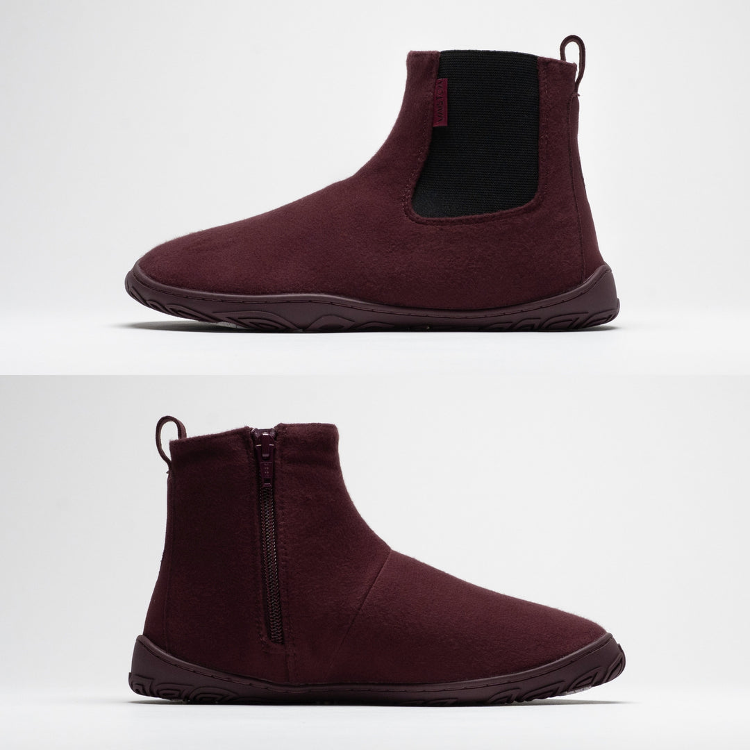 Vaistoa Sulo 2 winter barefoot chelsea boots – side profiles of the shoe from both sides, the elastic panel side above and the zipper side below, showing the flat zero drop outsole
