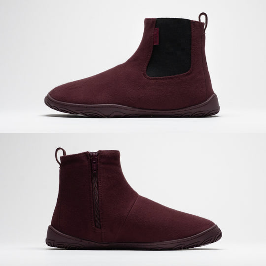 Vaistoa Sulo 2 winter barefoot chelsea boots – side profiles of the shoe from both sides, the elastic panel side above and the zipper side below, showing the flat zero drop outsole