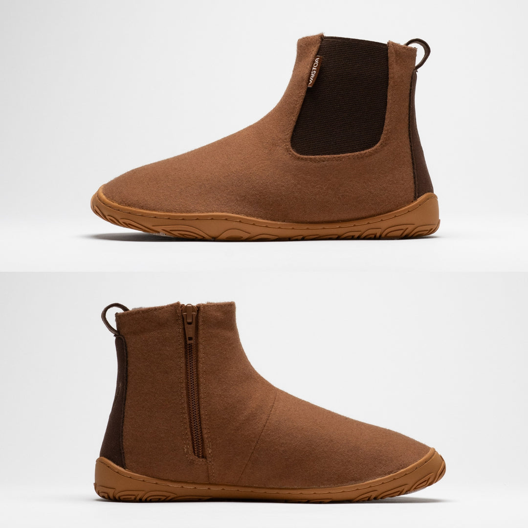 Vaistoa Sulo 2 winter barefoot chelsea boots – side profiles of the shoe from both sides, the elastic panel side above and the zipper side below, showing the flat zero drop outsole