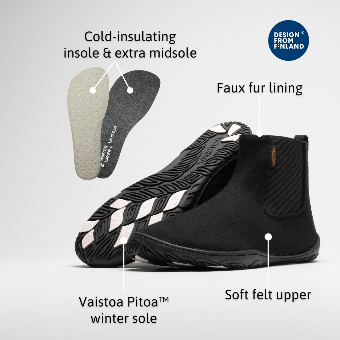 Vaistoa Sulo 2 barfota chelsea-boots för vinter – infografik över kängans egenskaper, som visar kängan från sidan med yttersulan vänd mot kameran, två löstagbara innersulor ovanför och märket Design from Finland. Etiketter: Kallisolerande innersula & extra mellansula · Fuskpälsfoder · Vaistoa Pitoa™ vintersula · Mjukt filtskaft