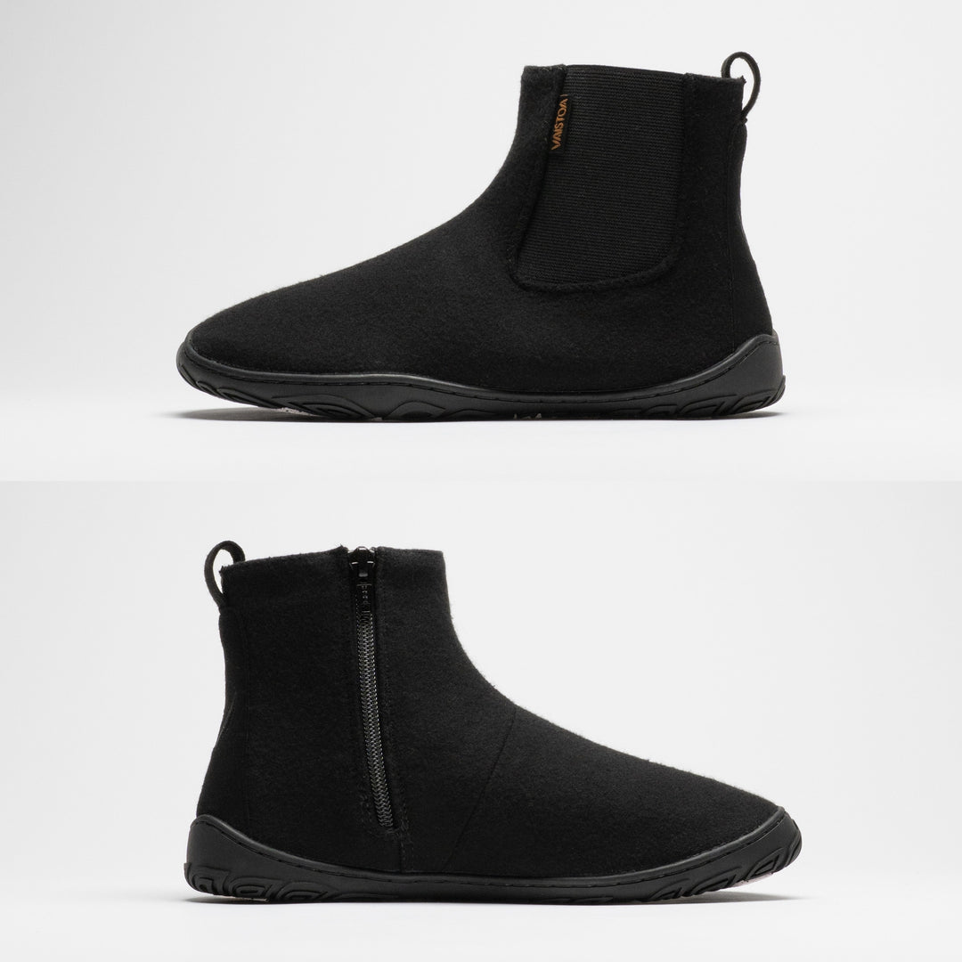 Vaistoa Sulo 2 winter barefoot chelsea boots – side profiles of the shoe from both sides, the elastic panel side above and the zipper side below, showing the flat zero drop outsole