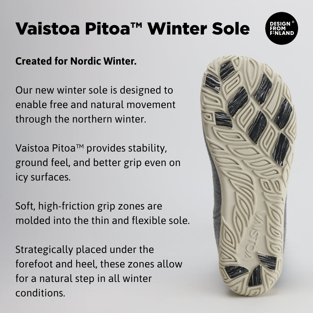 Infographic of pearl grey barefoot winter felt Chelsea boots highlighting the Vaistoa Pitoa™ winter sole with grip zones for improved traction, flexibility, and stability on icy surfaces.