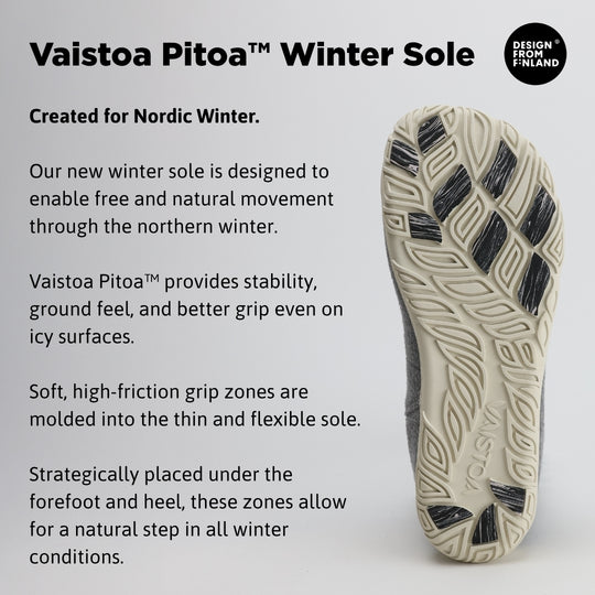 Infographic of pearl grey barefoot winter felt Chelsea boots highlighting the Vaistoa Pitoa™ winter sole with grip zones for improved traction, flexibility, and stability on icy surfaces.