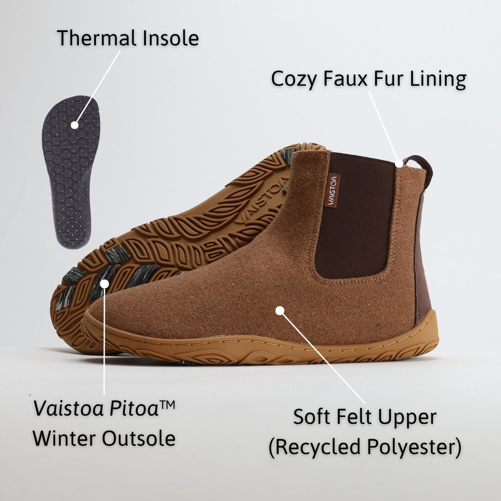 Infographic of roasted almond barefoot winter felt Chelsea boots highlighting key features such as recycled felt upper, warm faux fur lining, flexible zero-drop sole, and wide anatomical toe box for natural comfort and movement.