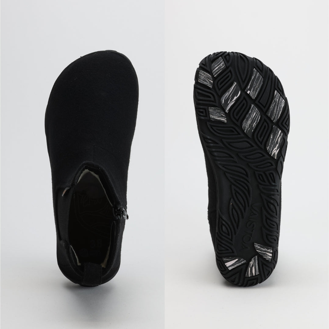 Velvet black barefoot winter felt Chelsea boot showing a wide anatomical toe box that follows the natural shape of the foot, allowing toes to spread freely for better balance and comfort.