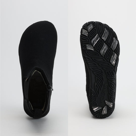 Velvet black barefoot winter felt Chelsea boot showing a wide anatomical toe box that follows the natural shape of the foot, allowing toes to spread freely for better balance and comfort.