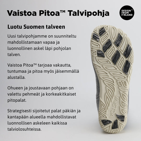 Infografiikka, jossa helmenharmaan värinen Vaistoa Sulo -huopanilkkuri esitellään. Kuvassa korostetaan kengän joustavaa Vaistoa Pitoa™ -talvipohjaa ja sen kitkapaloja, jotka tarjoavat pitoa pohjoisen talviolosuhteissa.