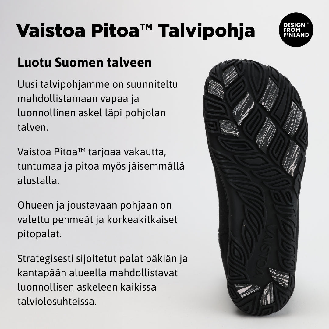 Infografiikka, jossa samettisen musta Vaistoa Sulo -huopanilkkuri esitellään. Kuvassa korostetaan kengän joustavaa Vaistoa Pitoa™ -talvipohjaa ja sen pitopaloja, jotka tarjoavat vakautta ja pitoa jäisillä alustoilla. Oikeassa yläkulmassa näkyy Design from Finland -merkki.