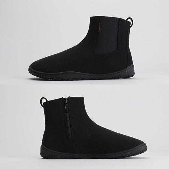 Kaksi kuvaa rinnakkain esittävät Vaistoa Sulo – huopanilkkurin sivuprofiilit: toisessa näkyy joustoresori ja toisessa vetoketju, joka helpottaa pukemista. Kuvissa korostuu tasainen zero drop – pohja, joka tukee luonnollista asentoa ja askellusta.