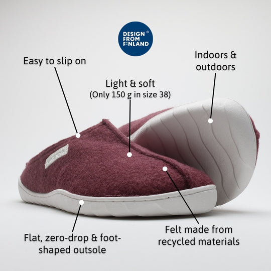 Vaistoa Toive felt barefoot slippers – features infographic of burgundy felt slippers, with the Design From Finland mark and information about easy slip-on use, lightweight and soft structure, indoor and outdoor use, recycled felt, and a flat heel-free foot-shaped outsole