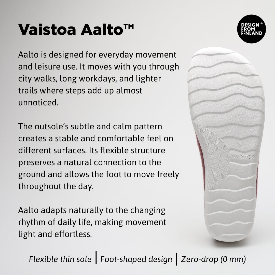 Vaistoa Toive felt barefoot slippers – infographic showing a burgundy felt slipper and the white outsole pattern of the Vaistoa Aalto sole, with the Design From Finland mark and information about the flexible thin outsole, foot-shaped last and heel-free 0-drop structure