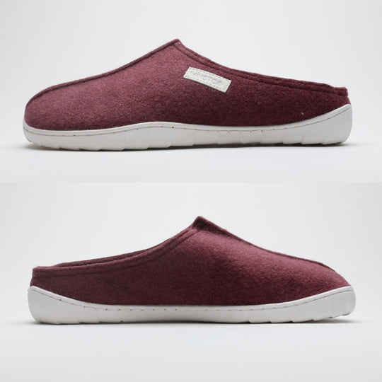Vaistoa Toive felt barefoot slippers – burgundy felt slippers shown in side profile from both sides against a light background, showing the flat zero drop outsole