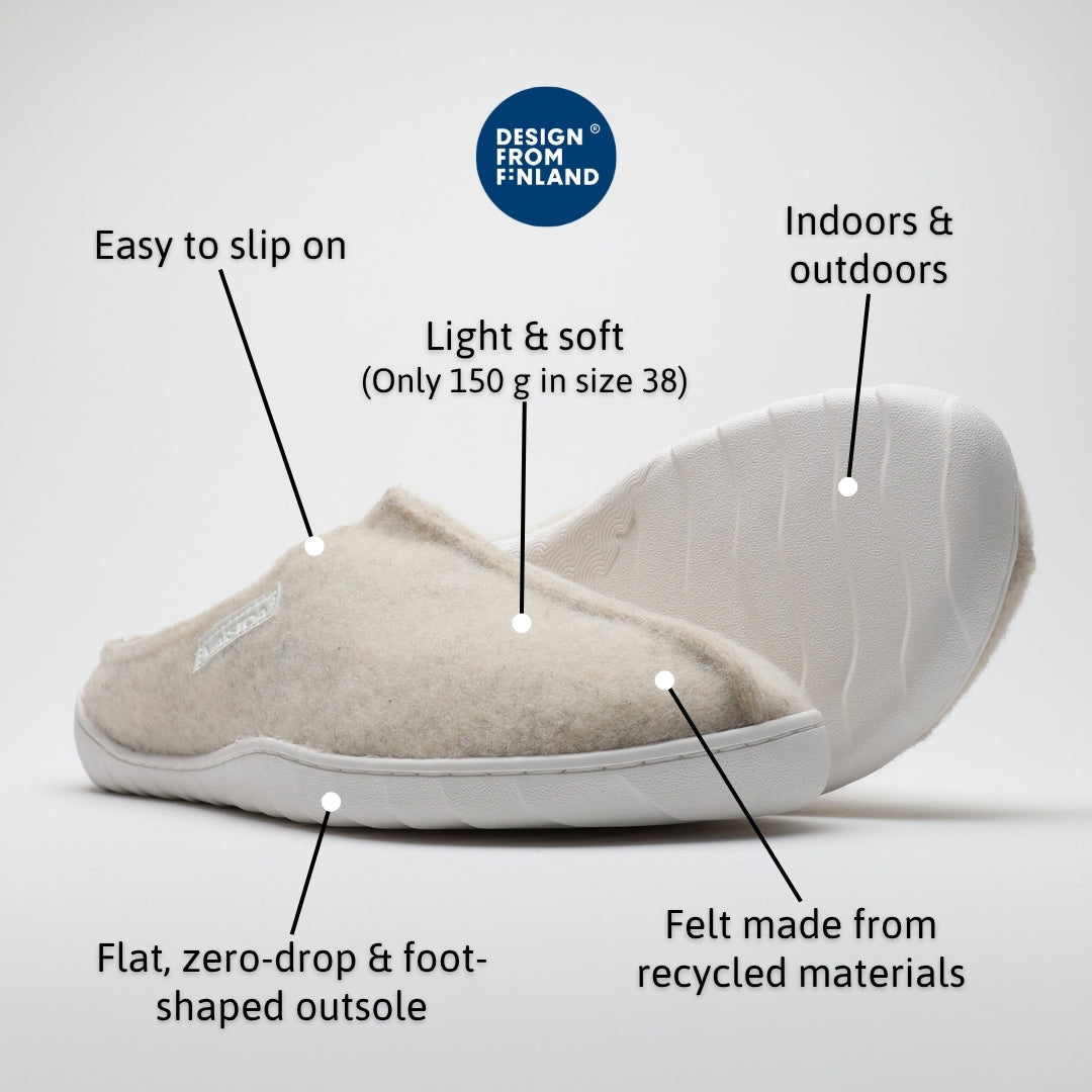 Vaistoa Toive felt barefoot slippers – features infographic of vanilla grey felt slippers, with the Design From Finland mark and information about easy slip-on use, lightweight and soft structure, indoor and outdoor use, recycled felt, and a flat heel-free foot-shaped outsole