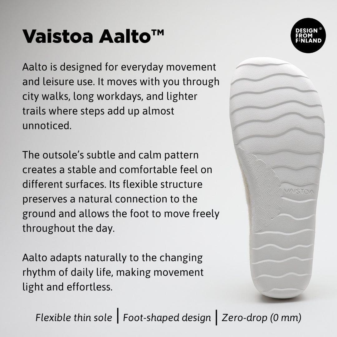 Vaistoa Toive felt barefoot slippers – infographic showing a vanilla grey felt slipper and the white outsole pattern of the Vaistoa Aalto sole, with the Design From Finland mark and information about the flexible thin outsole, foot-shaped last and heel-free 0-drop structure