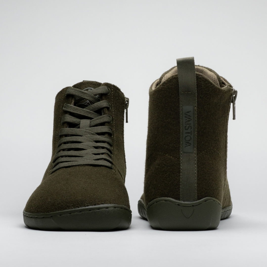 Vaistoa Tunto 2 felt barefoot sneakers – pair shown from the front and back, olive colour