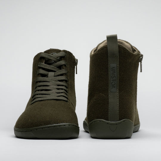 Vaistoa Tunto 2 felt barefoot sneakers – pair shown from the front and back, olive colour