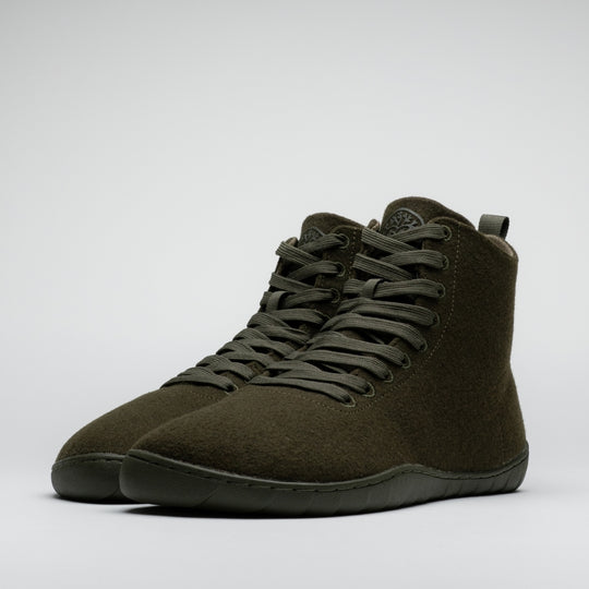 Vaistoa Tunto 2 felt barefoot sneakers – pair shown from the front angle in close-up, the tree logo on the front shoe emphasised, olive colour