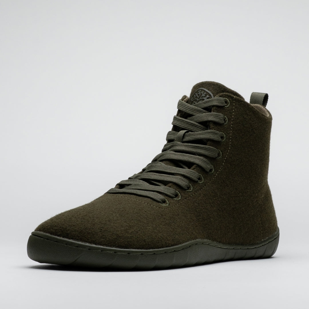 Vaistoa Tunto 2 felt barefoot sneakers – single shoe shown from the front angle, olive colour