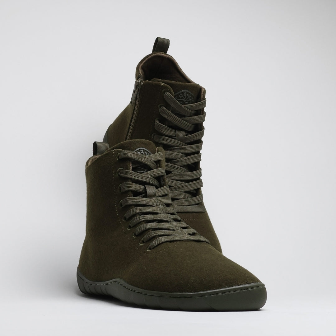 Vaistoa Tunto 2 felt barefoot sneakers – pair shown almost straight from the front, standing close together, the tree logo and zipper visible, olive colour